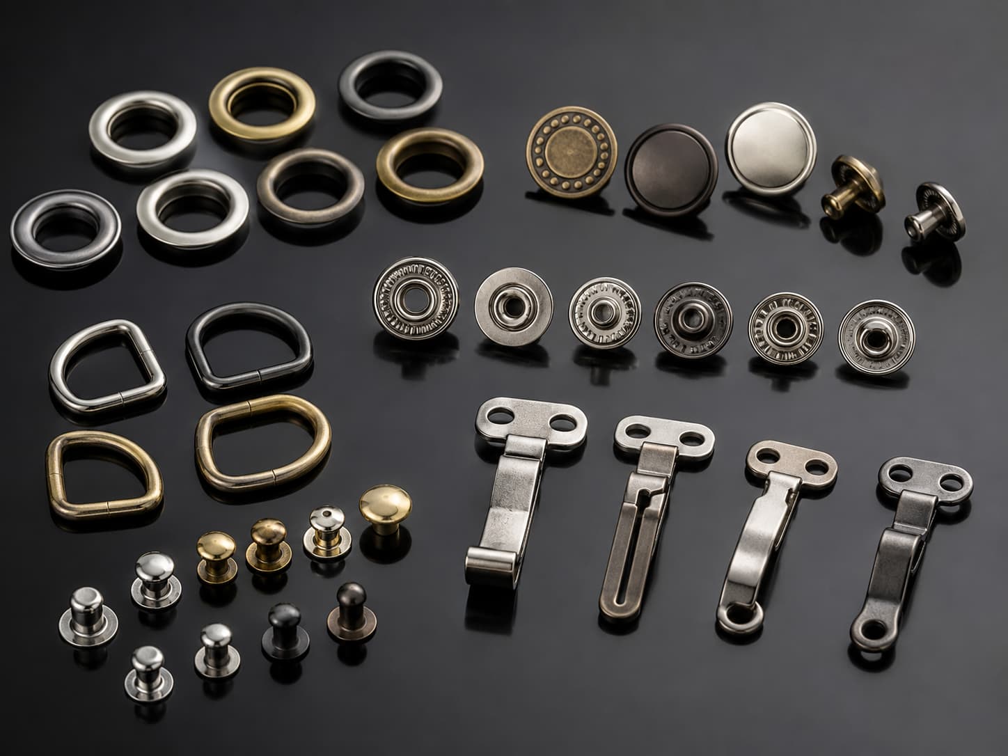 types of clothing accessories, Types of clothing accessories include metal eyelets, snap buttons, rivets, D-rings, hooks, and other hardware used in garments and apparel.